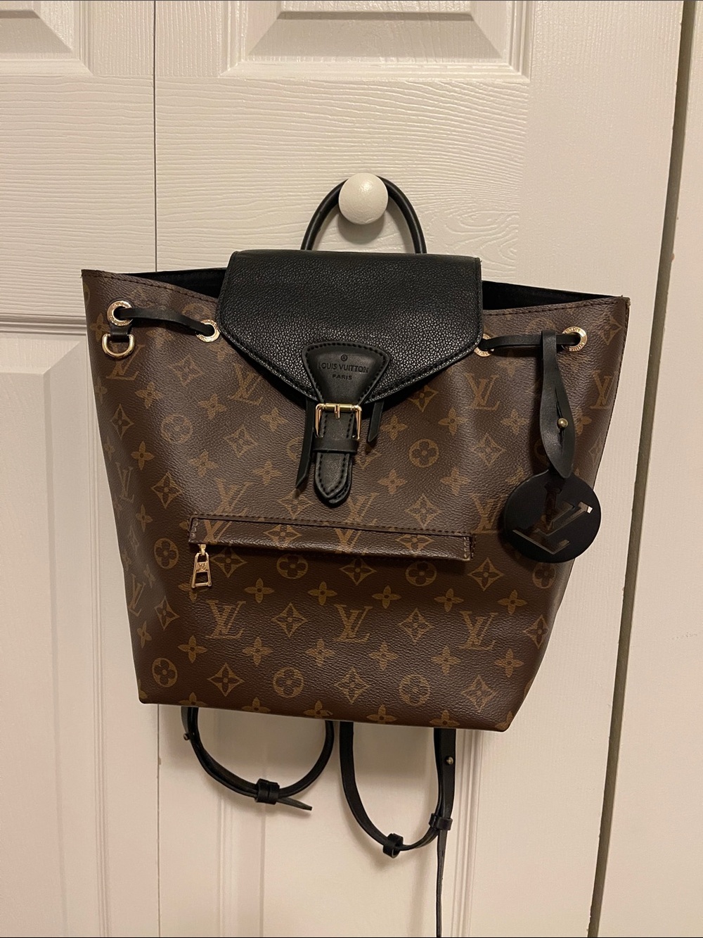 Designer inspired Monogram Canvas Backpack with Black Leather Flap